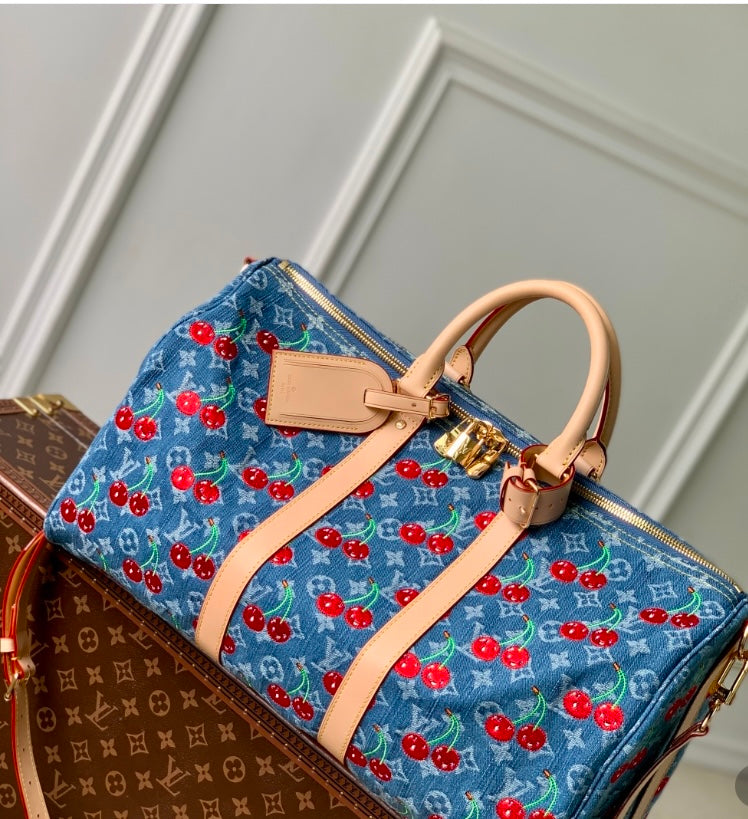 Louis Vuitton Cherry Denim Keepall Bag