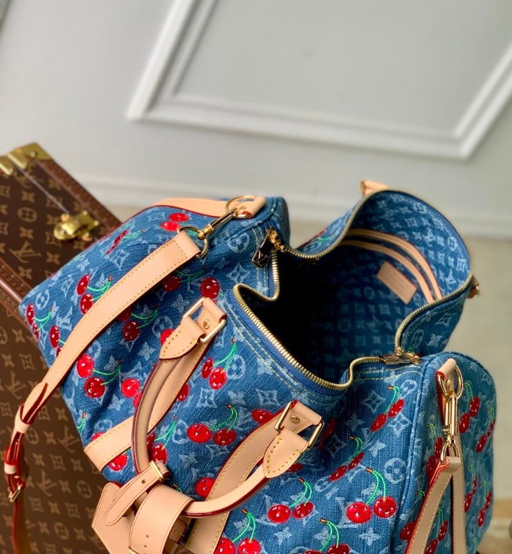Louis Vuitton Cherry Denim Keepall Bag