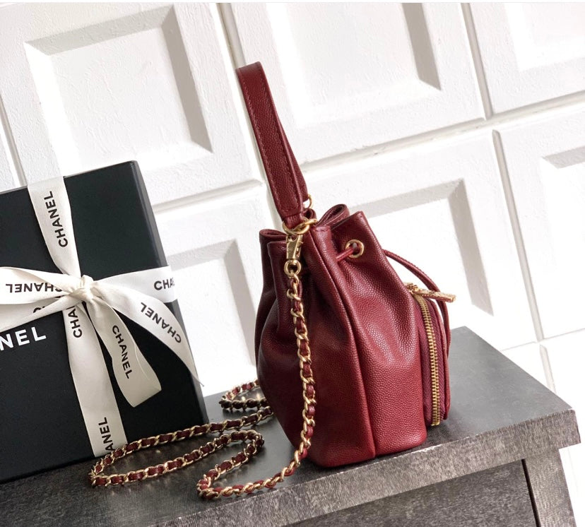 Chanel Small Drawstring Bucket Bag – Burgundy Caviar Leather