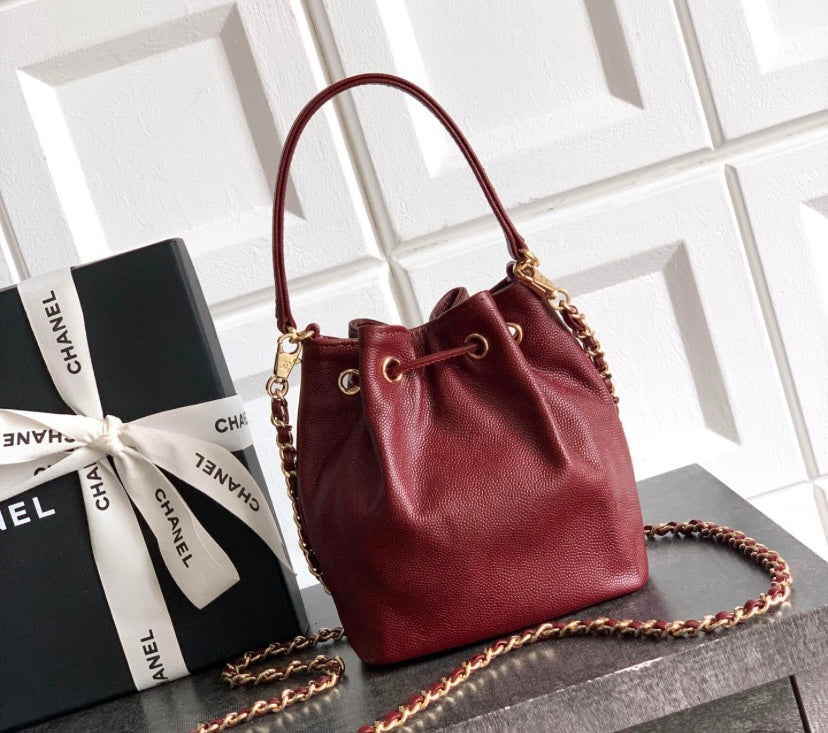 Chanel Small Drawstring Bucket Bag – Burgundy Caviar Leather