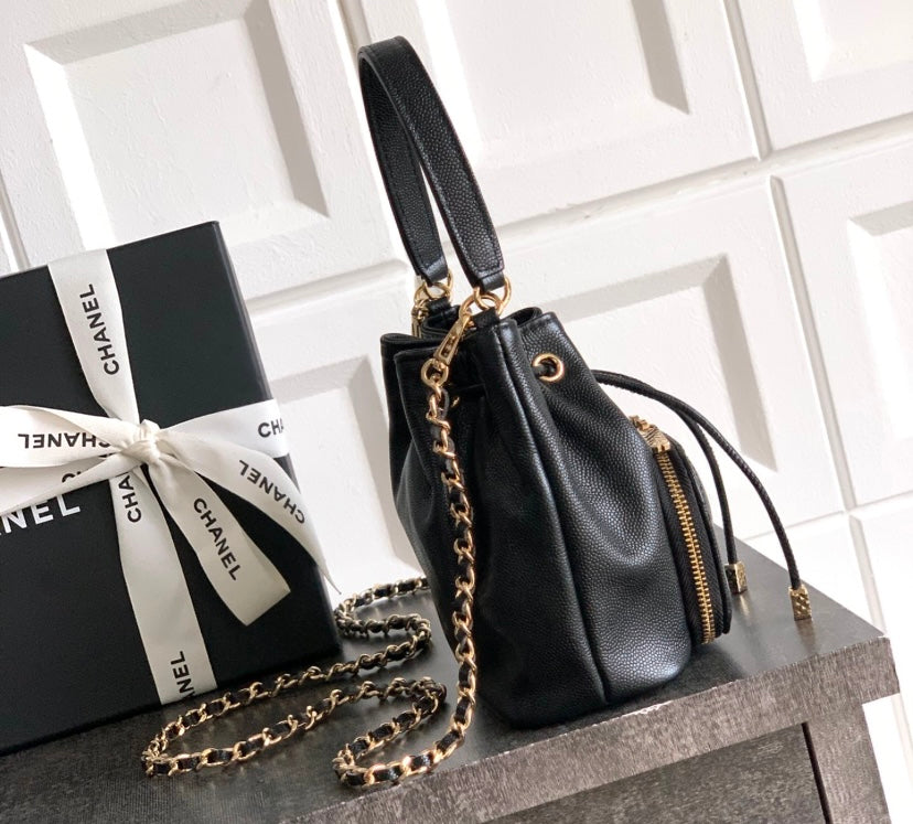Chanel Small Drawstring Bucket Bag – Black Caviar Leather