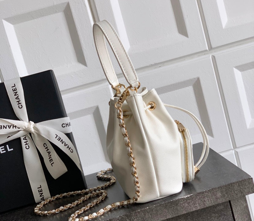 Chanel Small Drawstring Bucket Bag – White Caviar Leather