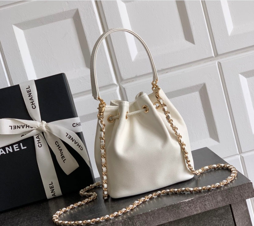 Chanel Small Drawstring Bucket Bag – White Caviar Leather
