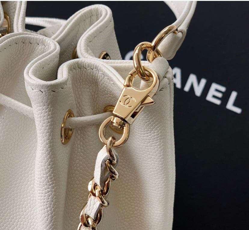 Chanel Small Drawstring Bucket Bag – White Caviar Leather