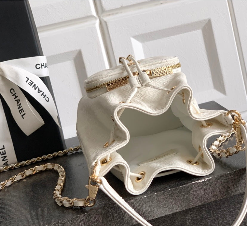 Chanel Small Drawstring Bucket Bag – White Caviar Leather