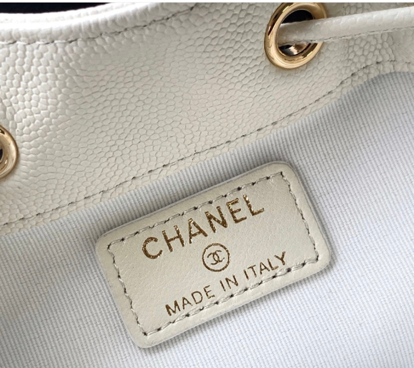 Chanel Small Drawstring Bucket Bag – White Caviar Leather