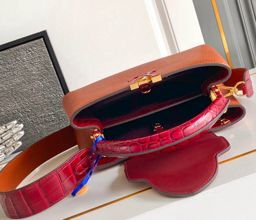 Louis Vuitton Capucines MM – Orange Taurillon Leather with Burgundy Crocodile Handle