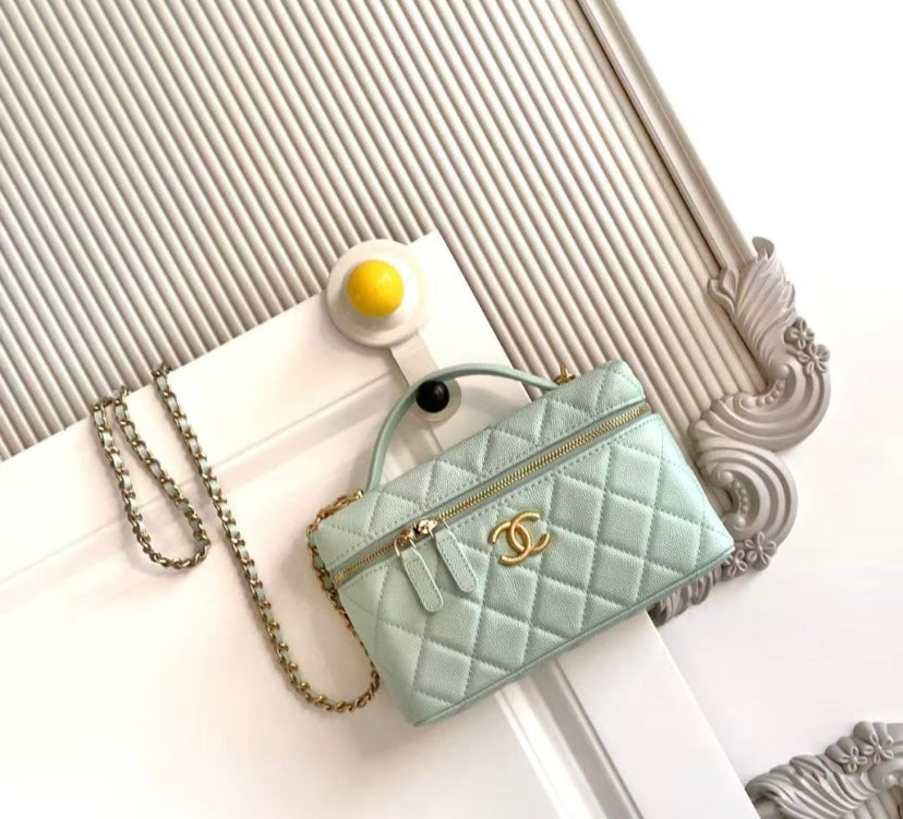 Chanel Vanity Case with Top Handle – Mint Green Quilted Caviar Leather