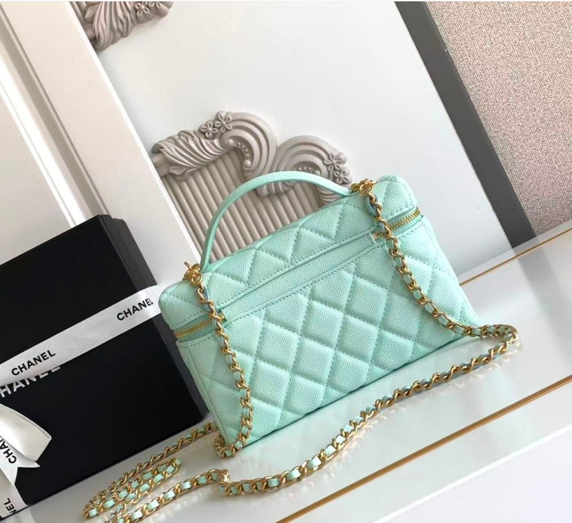 Chanel Vanity Case with Top Handle – Mint Green Quilted Caviar Leather