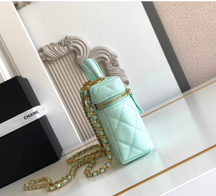 Chanel Vanity Case with Top Handle – Mint Green Quilted Caviar Leather