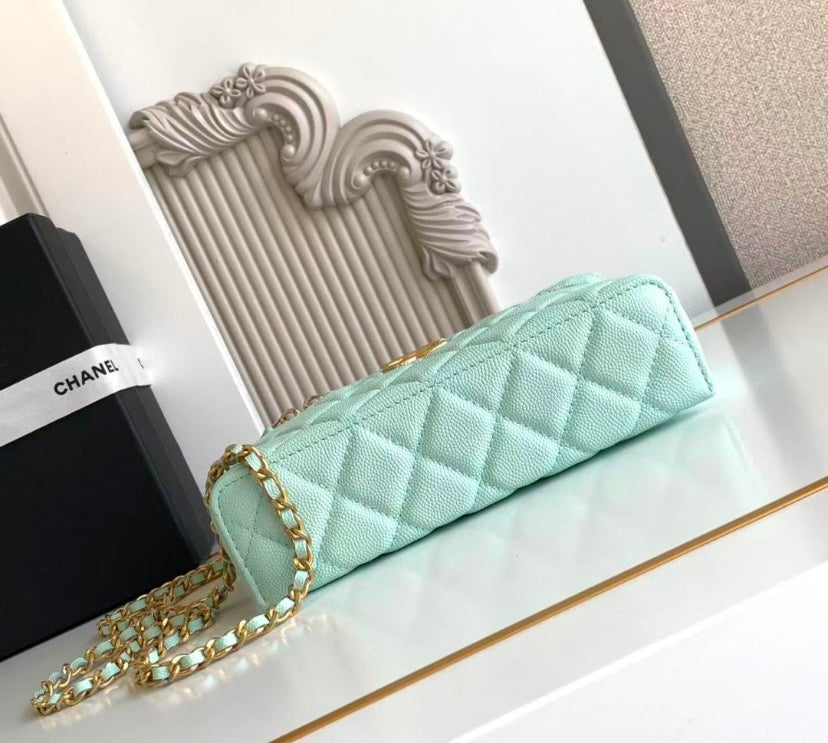 Chanel Vanity Case with Top Handle – Mint Green Quilted Caviar Leather