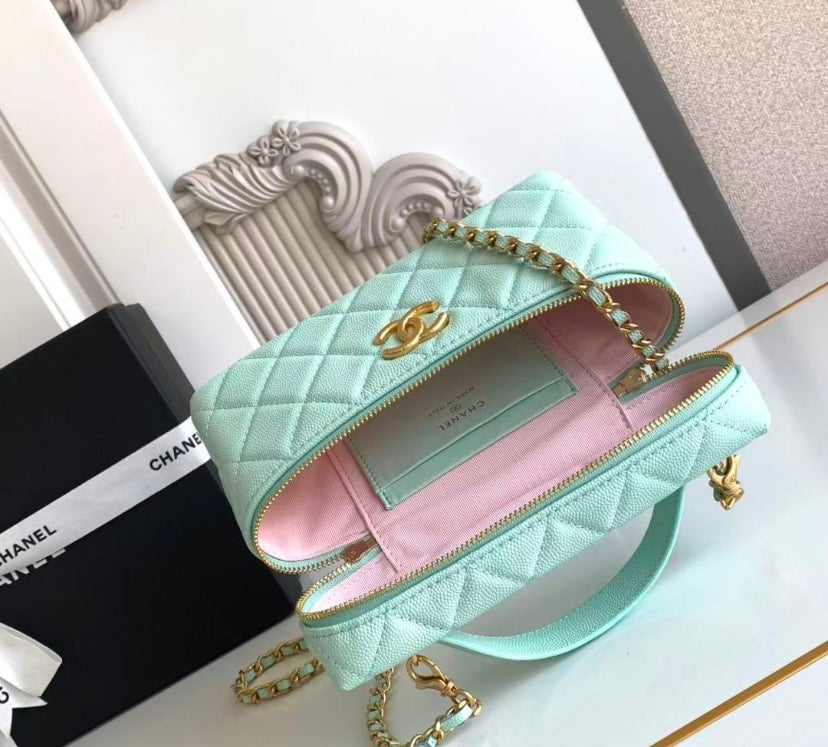 Chanel Vanity Case with Top Handle – Mint Green Quilted Caviar Leather