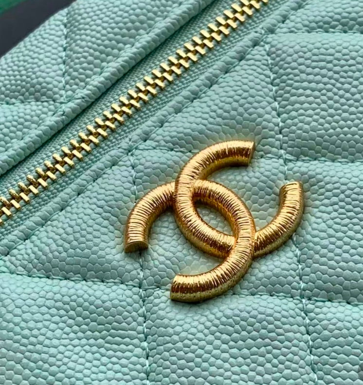Chanel Vanity Case with Top Handle – Mint Green Quilted Caviar Leather