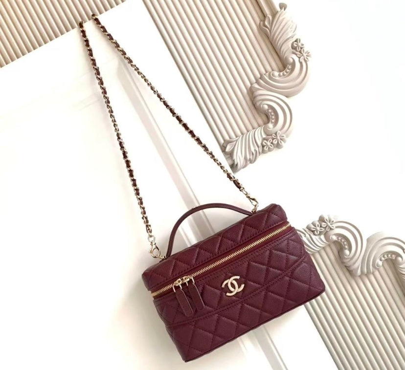 Chanel Vanity Case with Top Handle – Burgundy Quilted Caviar Leather