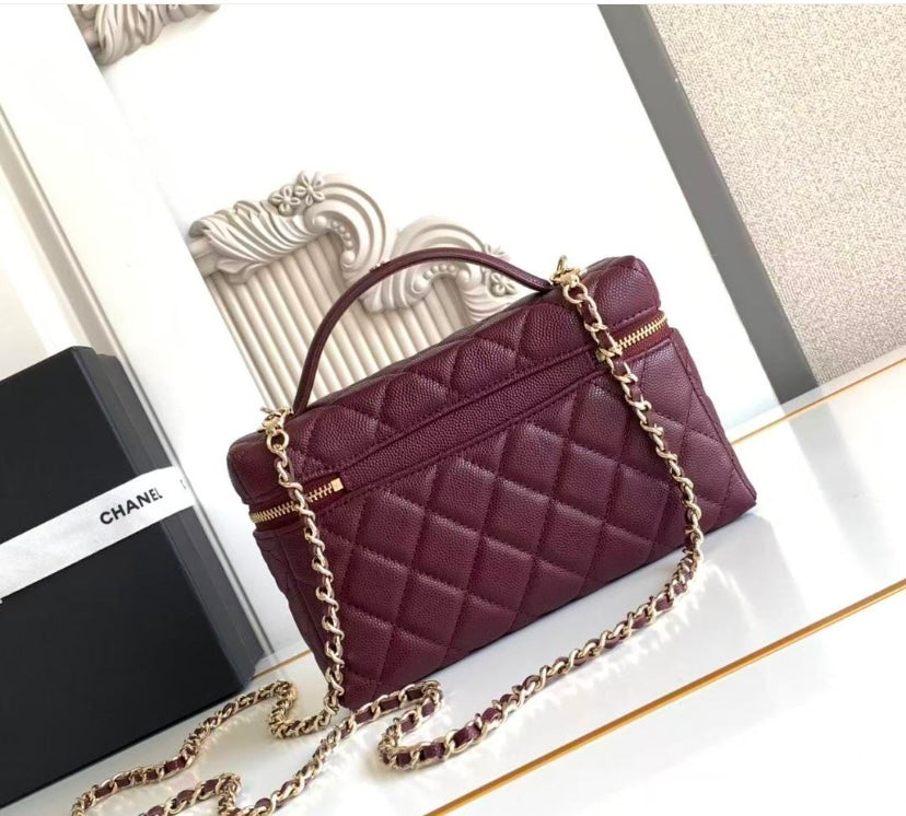 Chanel Vanity Case with Top Handle – Burgundy Quilted Caviar Leather