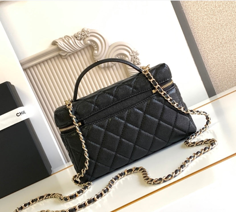 Chanel Vanity Case with Top Handle – Black Quilted Caviar Leather