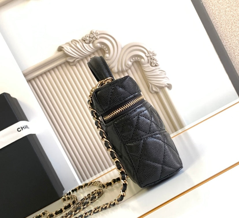 Chanel Vanity Case with Top Handle – Black Quilted Caviar Leather