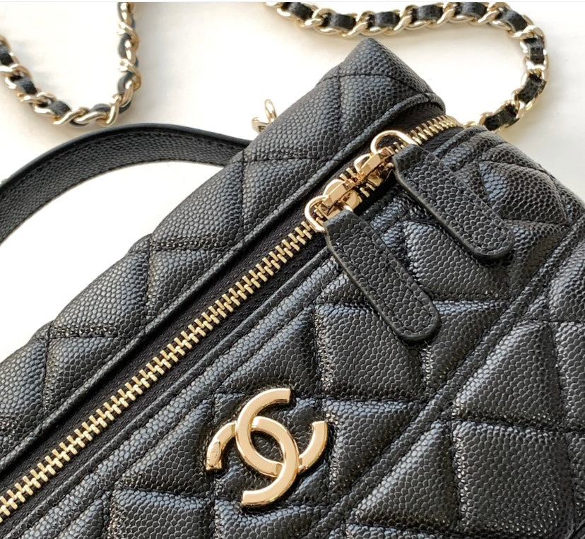 Chanel Vanity Case with Top Handle – Black Quilted Caviar Leather