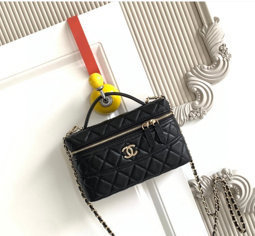 Chanel Vanity Case with Top Handle – Black Quilted Caviar Leather