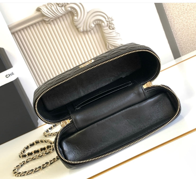 Chanel Vanity Case with Top Handle – Black Quilted Caviar Leather