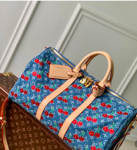 Louis Vuitton Cherry Denim Keepall Bag
