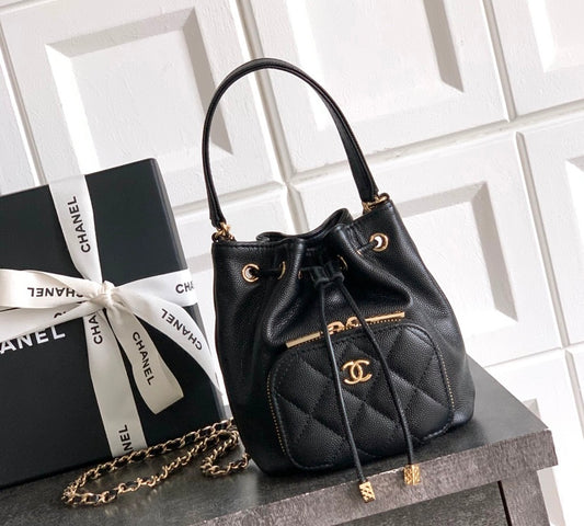Chanel Small Drawstring Bucket Bag – Black Caviar Leather