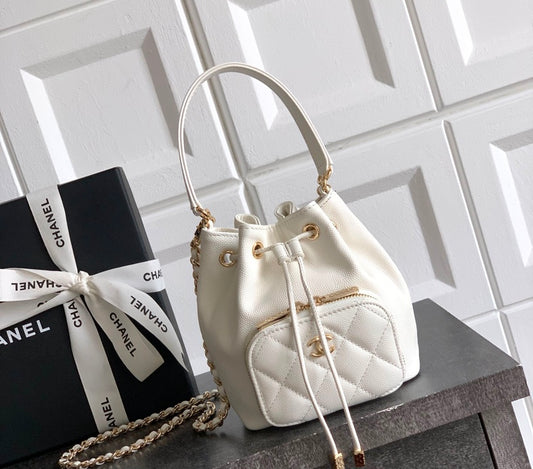 Chanel Small Drawstring Bucket Bag – White Caviar Leather