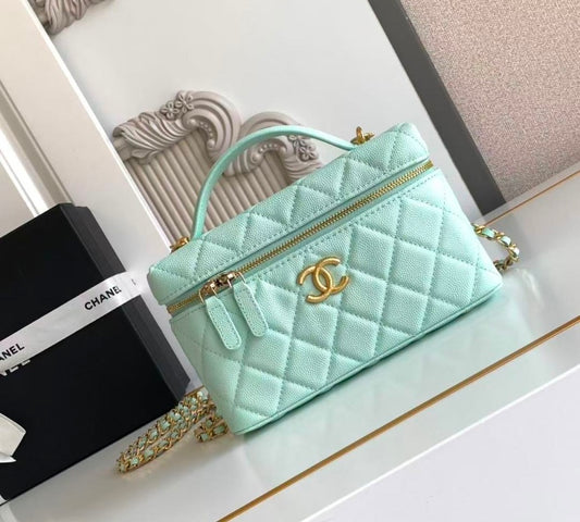 Chanel Vanity Case with Top Handle – Mint Green Quilted Caviar Leather