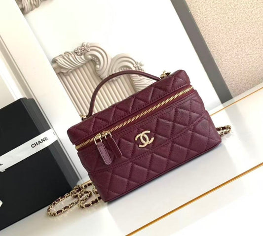Chanel Vanity Case with Top Handle – Burgundy Quilted Caviar Leather