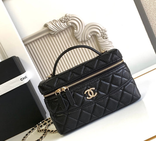 Chanel Vanity Case with Top Handle – Black Quilted Caviar Leather